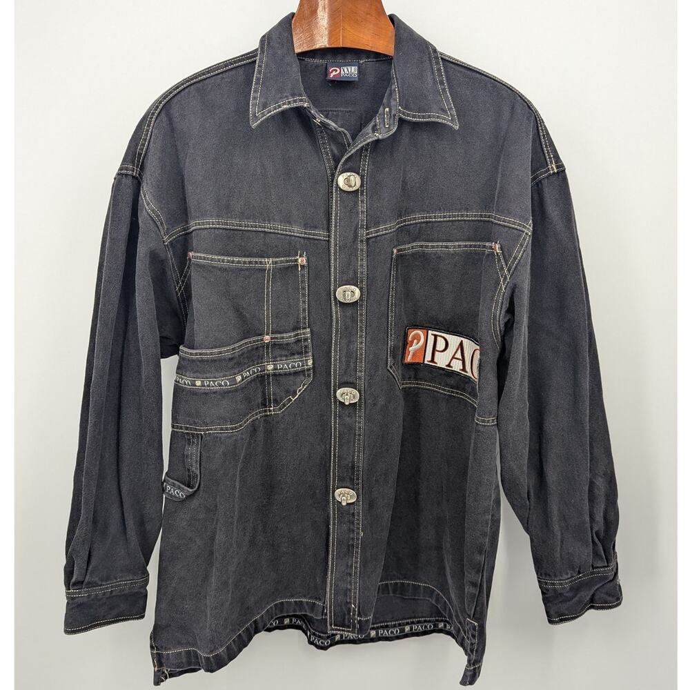 PACO XXL Black Denim Jacket Logo Workwear Oversized Baggy Hip Hop 90s Y2K Skate